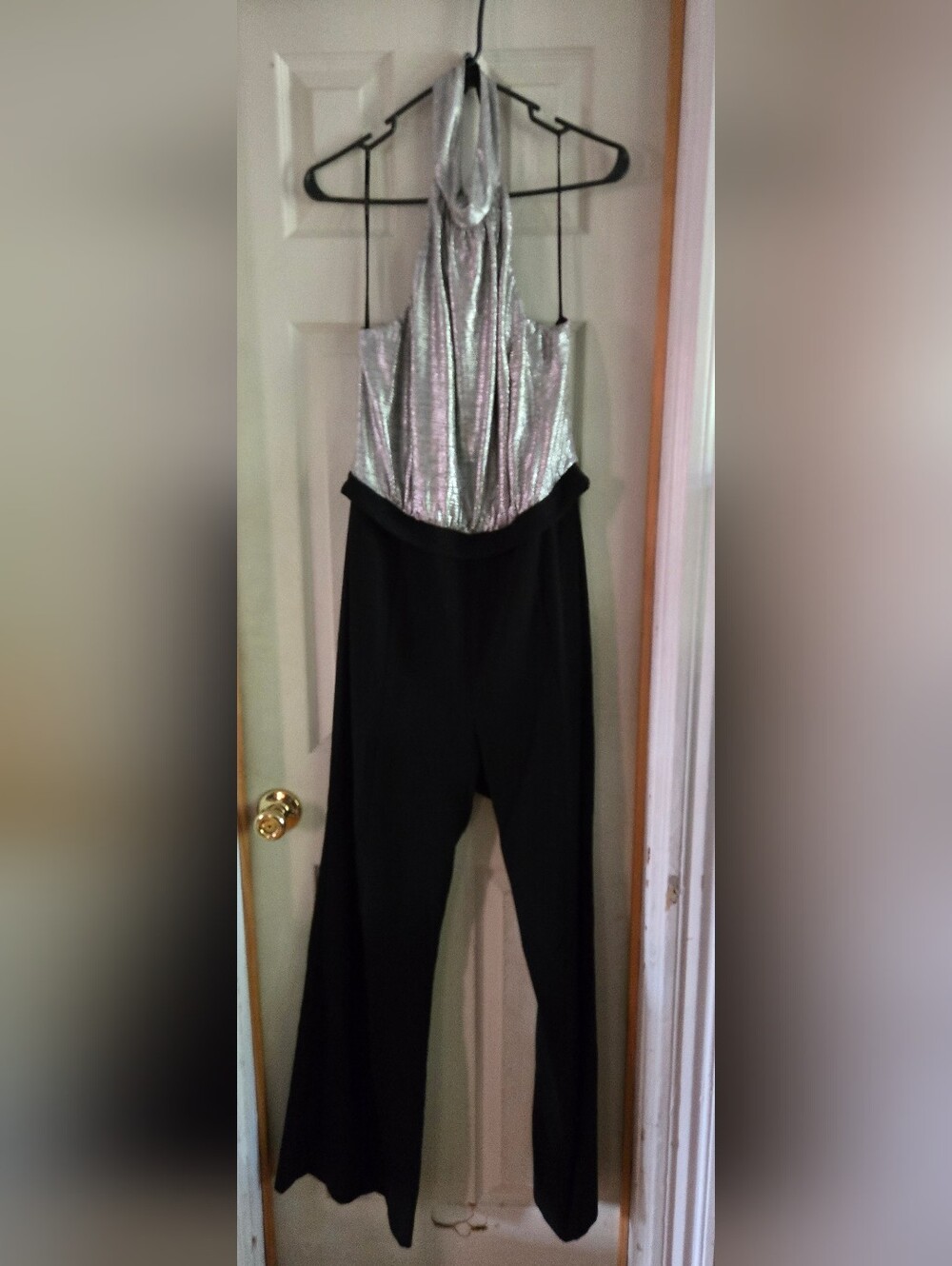 Black Halo Silver Halter Strap Jumpsuit with Black Pants